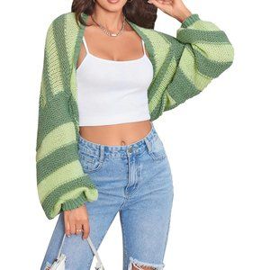 Women's Color Block Striped Open Front Crop Top Long Sleeve Shrug Sweater
